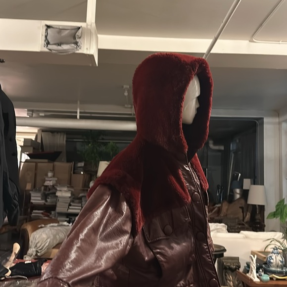 Coolest Trendy Hoodie Faux leather Fur Wine color Designer Jacket Snaps - Picture 14 of 16